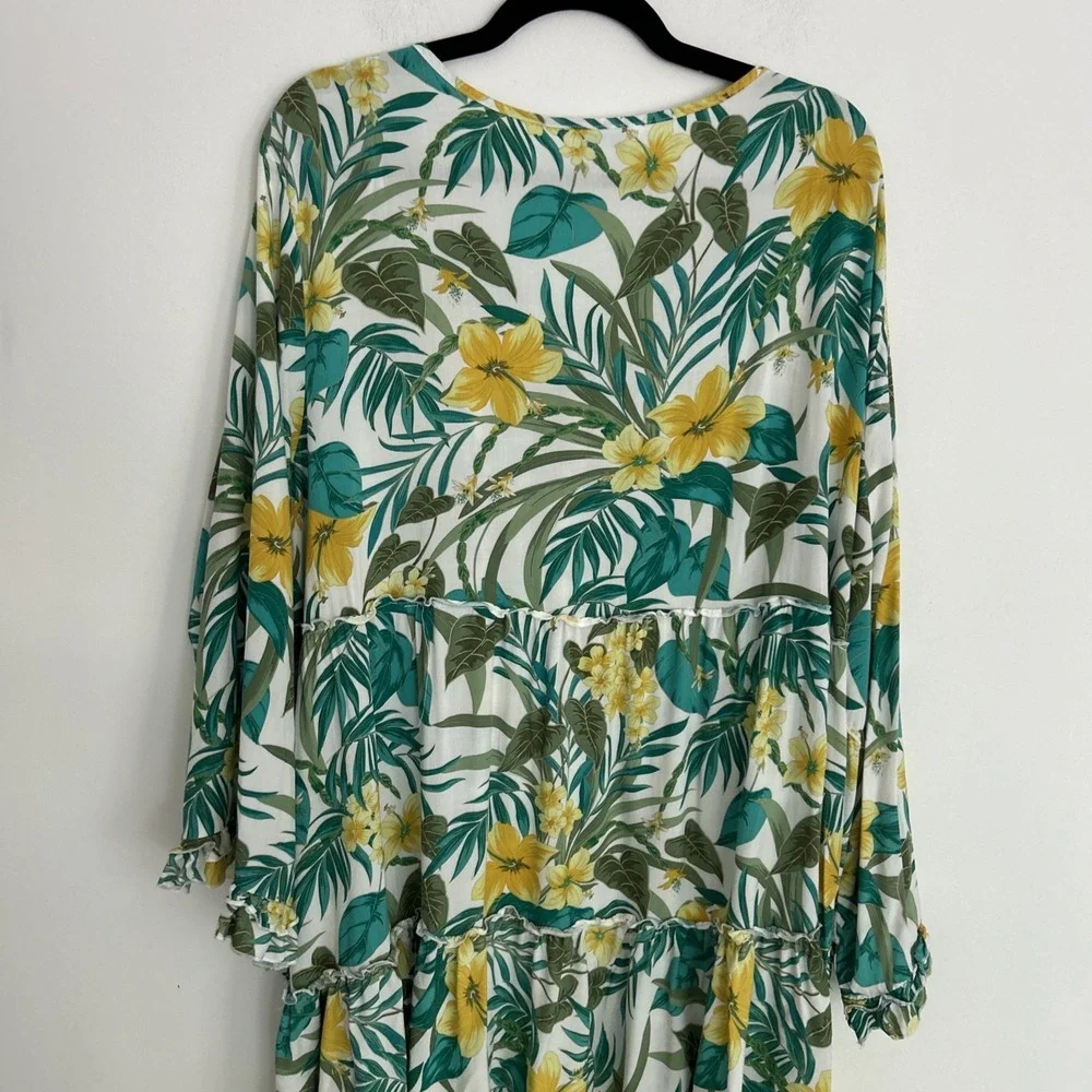 Blue‎ Island Women's 3X Blue Yellow Long Sleeve Tassel Layered Dress  Coastal